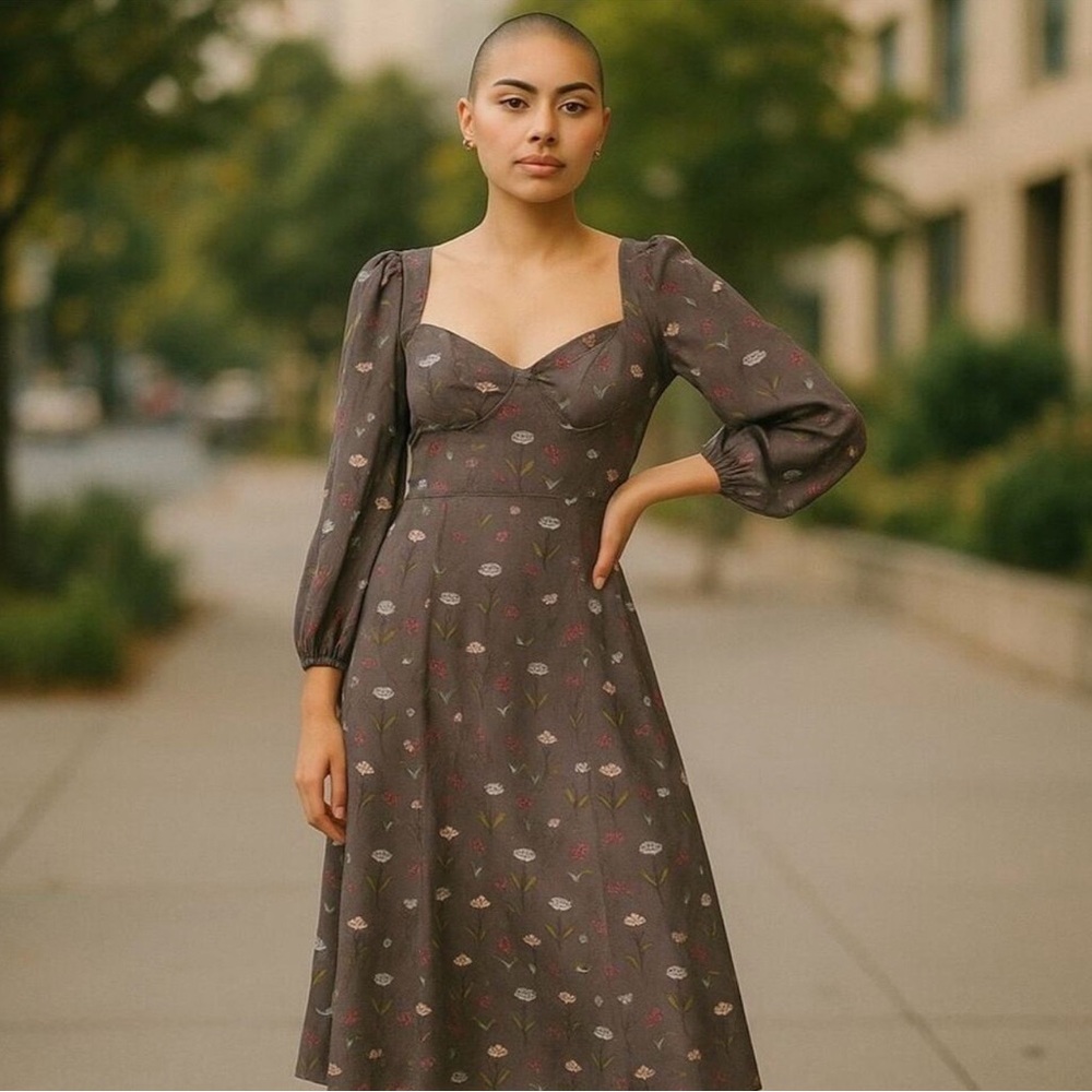 Backyard Roses Grey Ditsy Floral Sweetheart Midi Dress Cottagecore Romantic